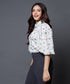 Puffed sleeve Button White Printed Blouse